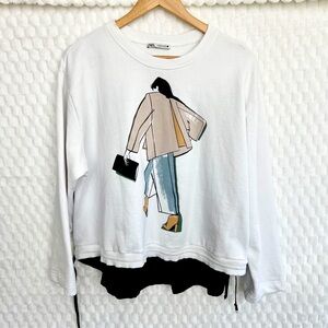 Zara Cropped Sweatshirt Womens Oversized White Graphic High-Low Pullover Top S